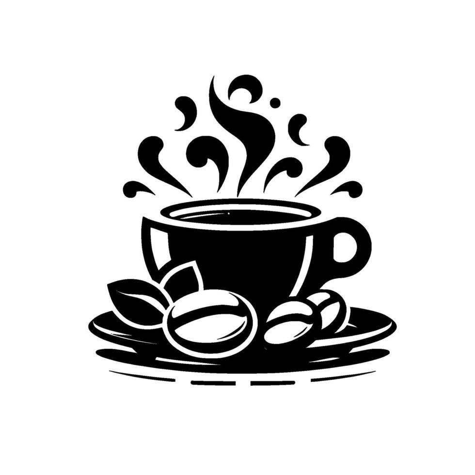 Minimalist Black and White Coffee Cup with Coffee Beans, Steam, and Saucer, perfect for branding and marketing vector