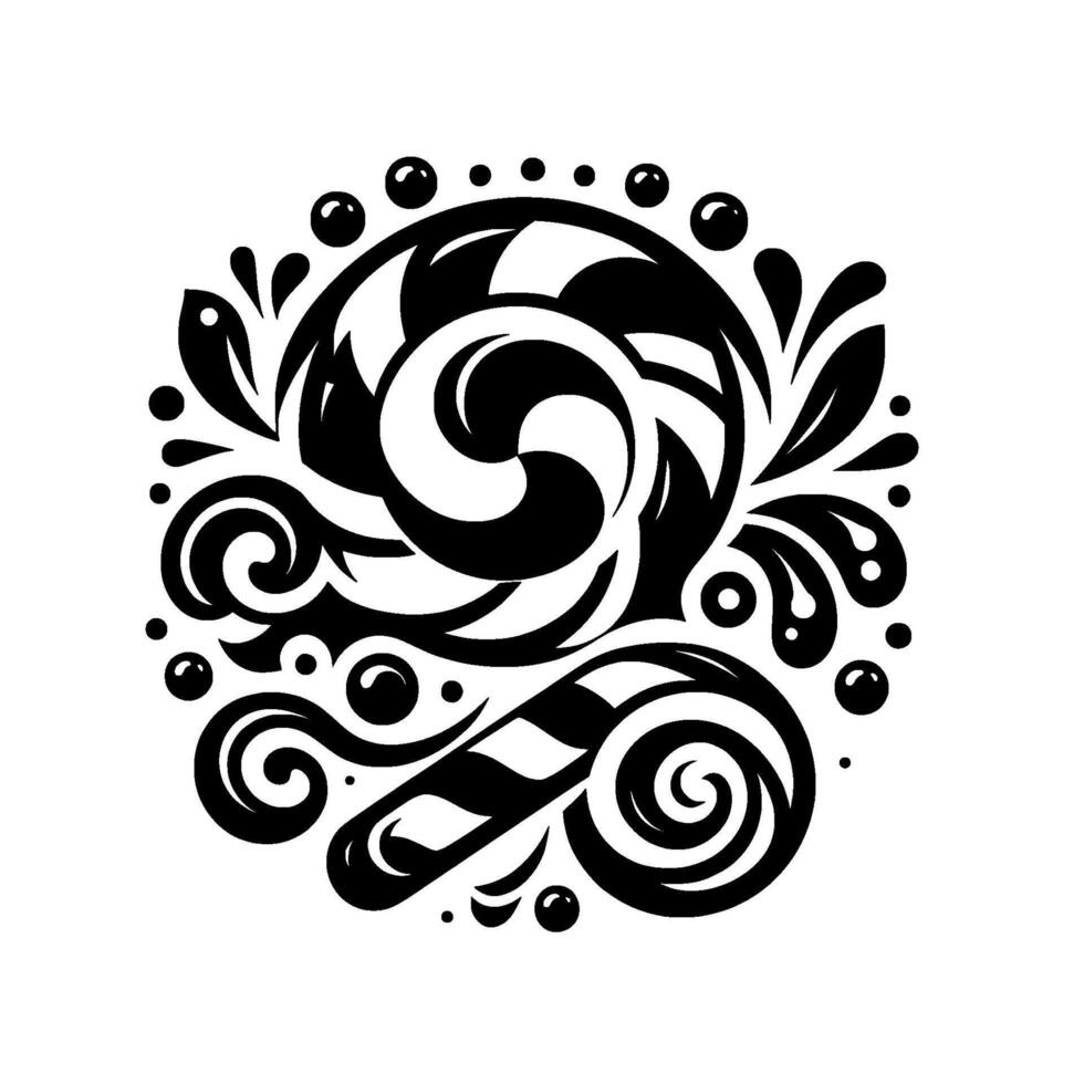 Intricate Black and White Candy Swirl with Ornate Floral and Bubblelike Accents on White Background vector