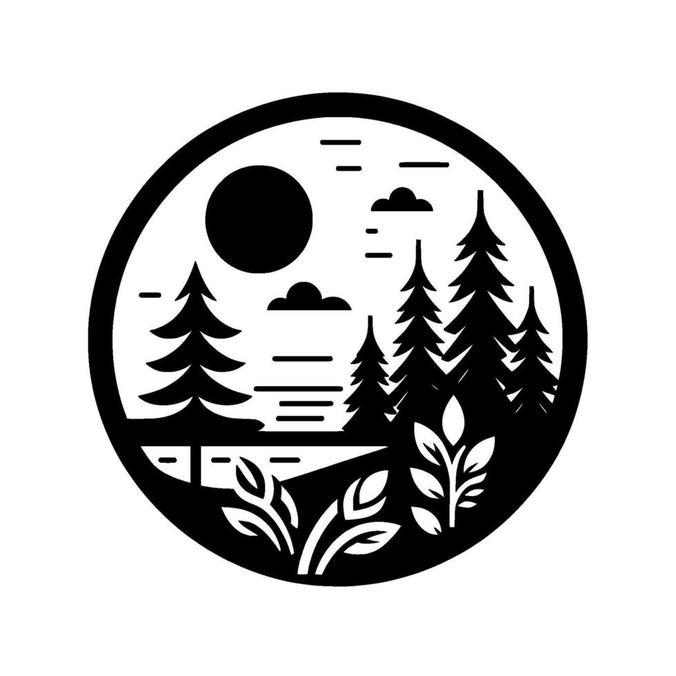 Black White Circular Landscape Silhouette of Forest, Lake, and Sun with Minimalist and Nature Theme. vector