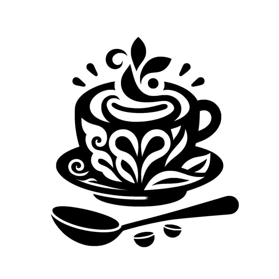 Intricate Black and White Coffee Cup Illustration with Floral Embellishments, Spoon, and Coffee Beans on a White Background. vector