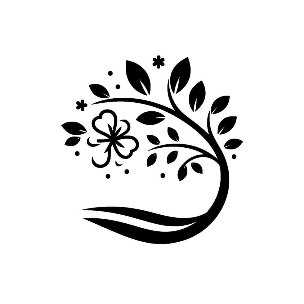 Minimalist Black and White Floral Tree Silhouette with Delicate Leaves, Flowers, and Dots, on White Background. vector