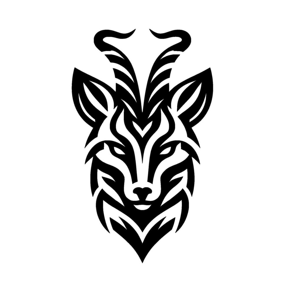 Intricate Black and White Illustration of a Mystical Creature with Horns and a Foxlike Face, Centered on a White Background. vector