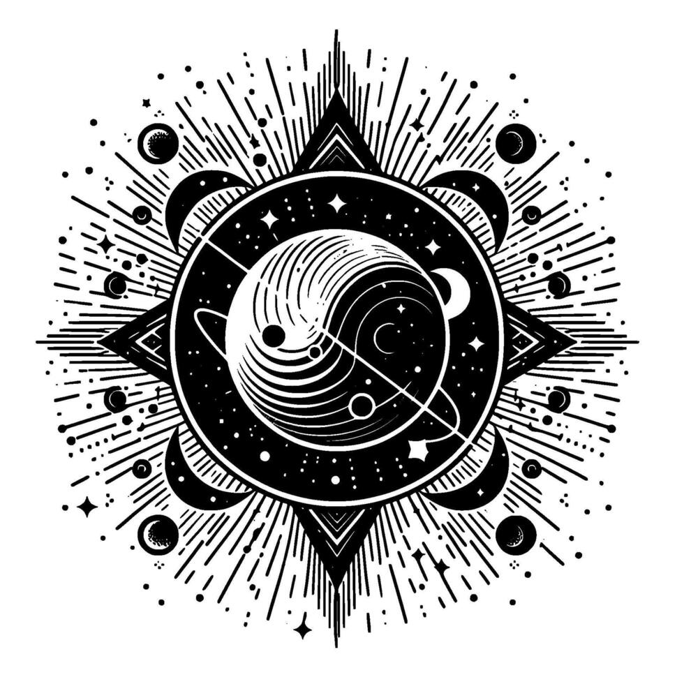 Intricate Celestial Yin Yang Detailed black and white illustration featuring planet, moons, stars, and cosmic energy within a geometric sunburst design. vector