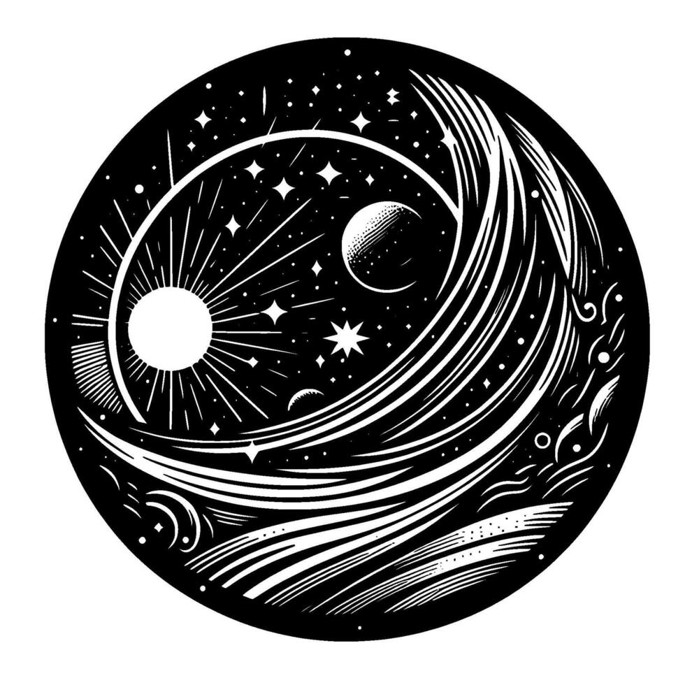 Celestial Circle Black and White Illustration of the Sun, Moon, Stars, and Cosmic Flow within a Circular Frame. vector