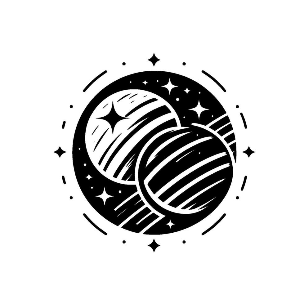 Black and white illustration of two stylized planets with striped surfaces, surrounded by stars and dashes within a circular frame. vector