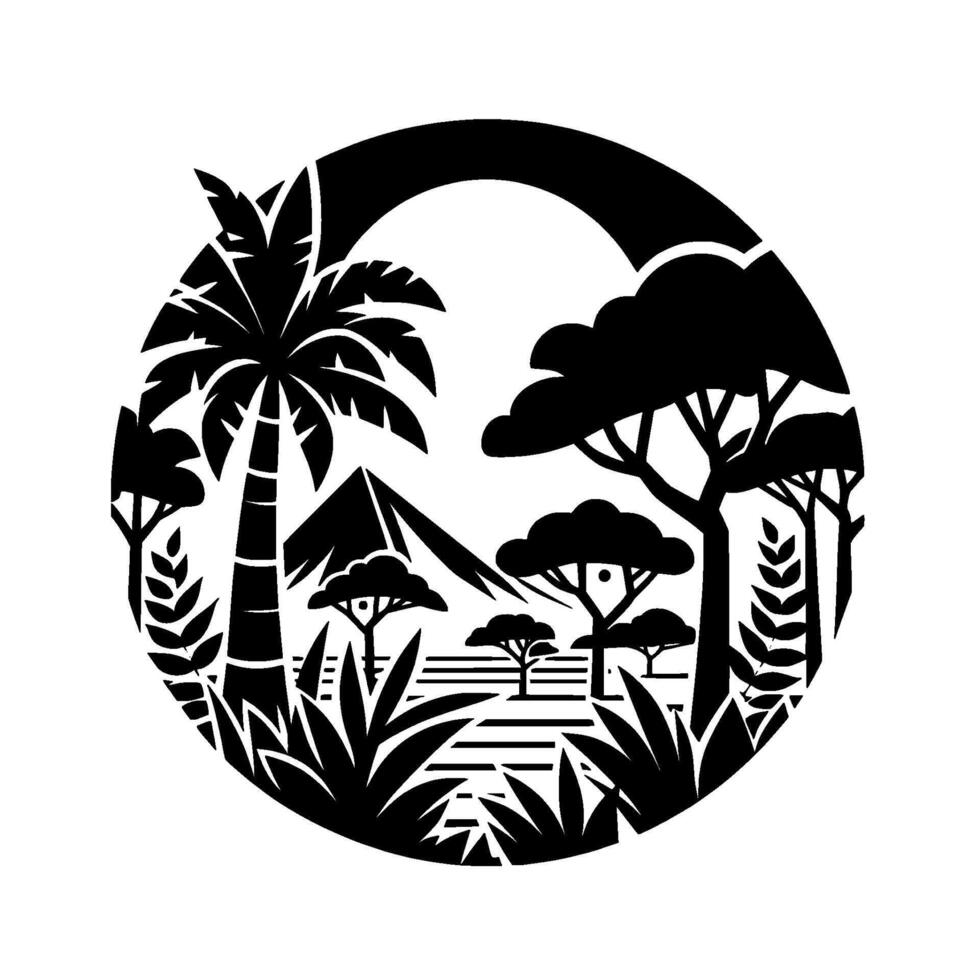 Silhouette of a tropical landscape within a circle, featuring a palm tree, mountain, and diverse flora in black and white. vector