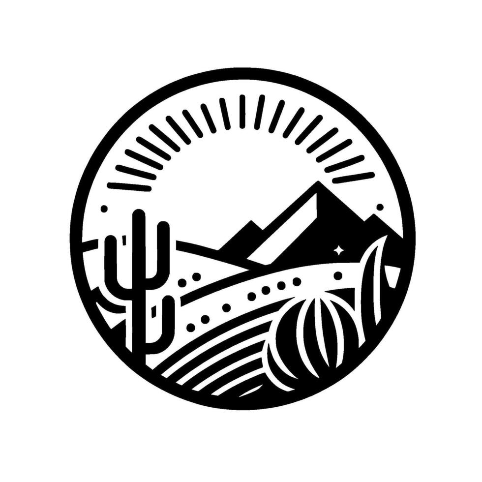 Desert Landscape Monochromatic Circle Featuring Cactus, Mountains, Sun, and Southwest Flora. vector