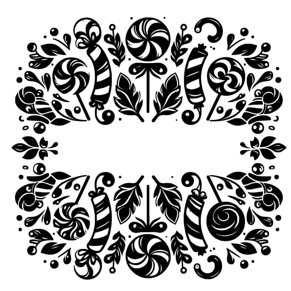 Black and White Candy Frame Swirl Lollipops, Striped Candies, Floral Elements, Festive Border, Blank Center. vector