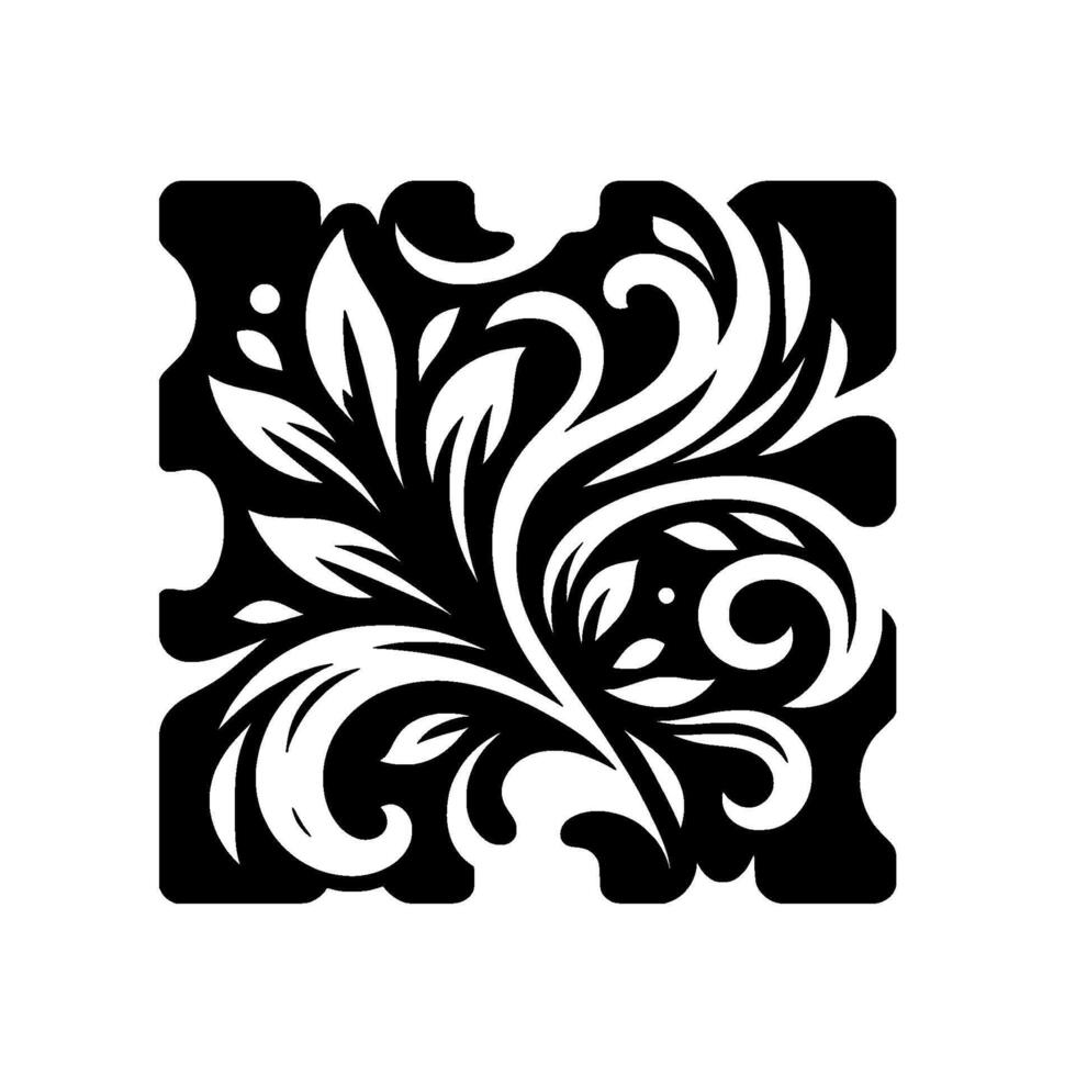 Ornate Black and White Floral in Square Frame Elegant Illustration of Leaves, Vines, and Swirls vector