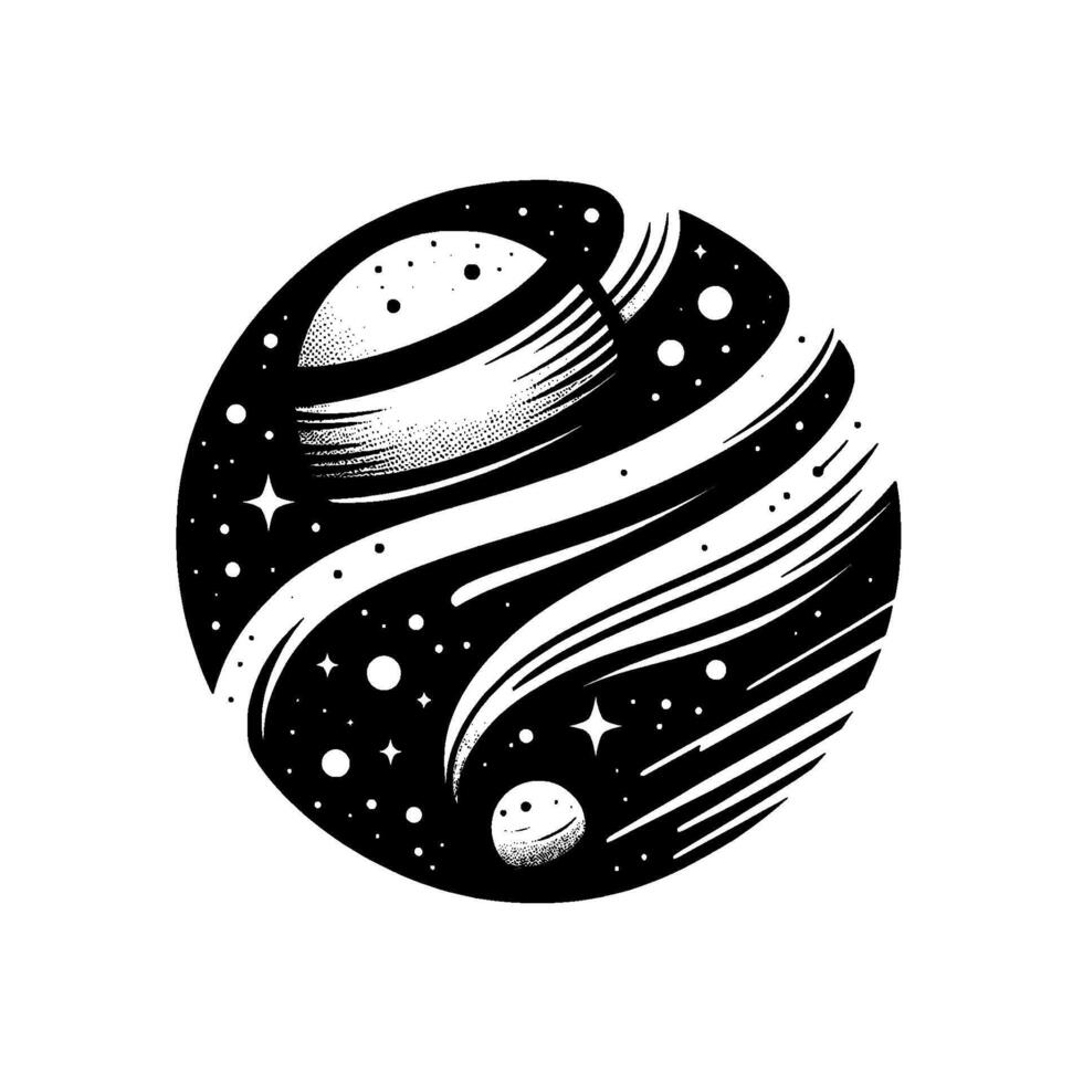 Whimsical Black White Space Illustration A Planetary Galaxy with a Smiling Moon, Stars, and Cosmic Swirls within a Circular Design. vector