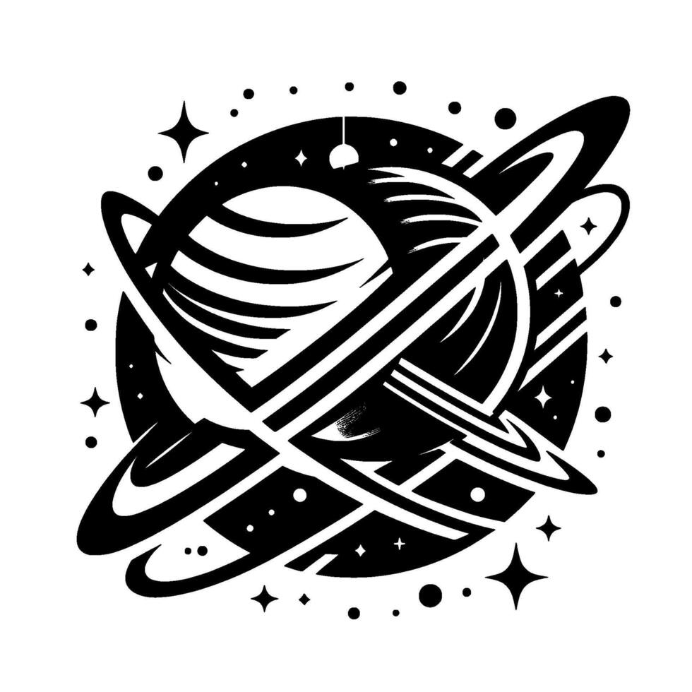Intricate black and white illustration of a planet with multiple rings, stars, and orbiting elements, creating a dynamic cosmic composition. vector