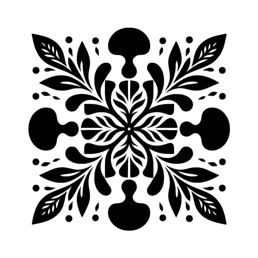 Symmetrical Black Floral Mandala Pattern with Leaf and Mushroom Elements on a White Background vector
