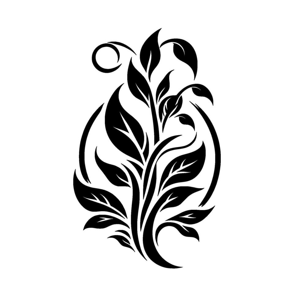 Elegant Black and White Botanical Illustration Stylized Leafy Plant Within an Oval Frame, Minimalist on White Background. vector
