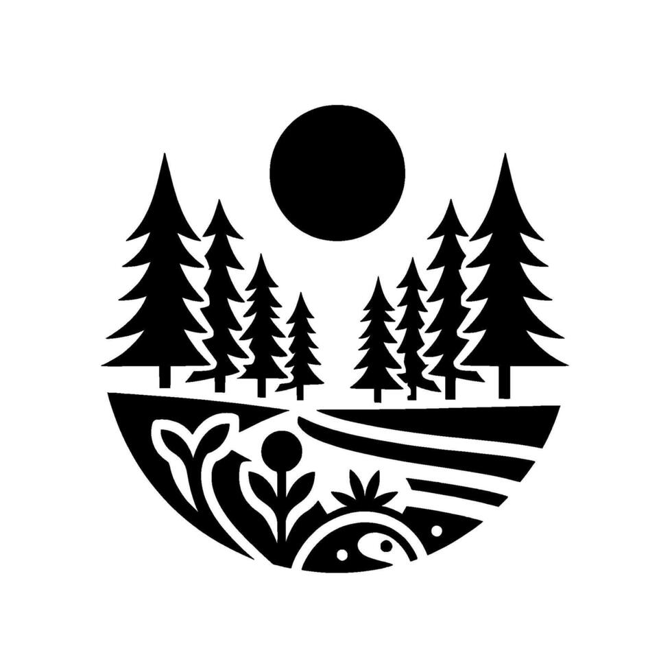 Minimalist Black White Nature Scene Trees Moon over Floral Landscape, Emblem vector