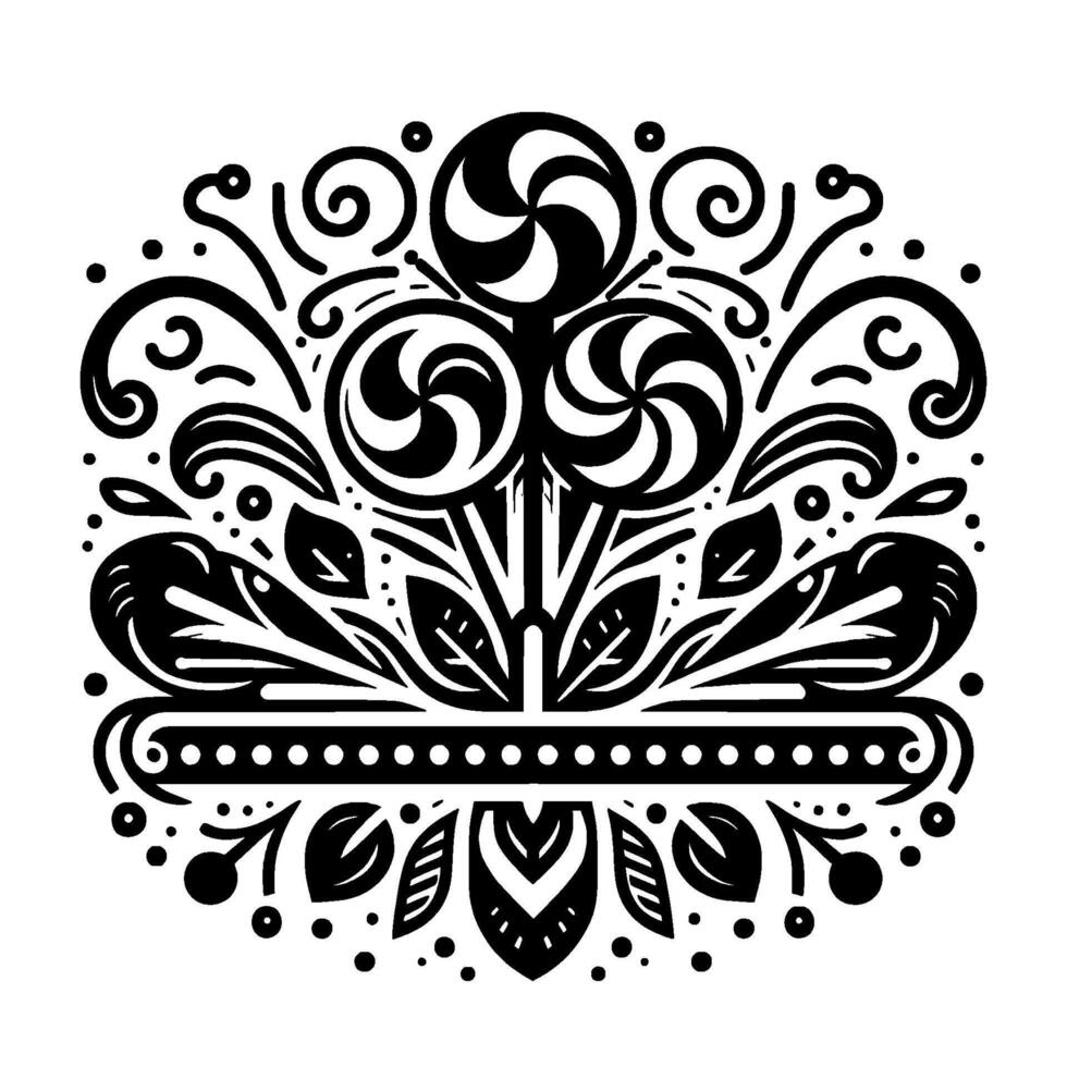 Intricate black and white illustration of three swirl lollipops surrounded by floral and ornamental design, symmetrical composition. vector