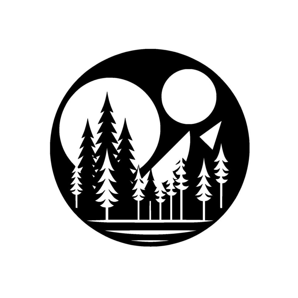 Serene black and white circle featuring a silhouette of a forest of pine trees, moons, and a mountain peak. vector