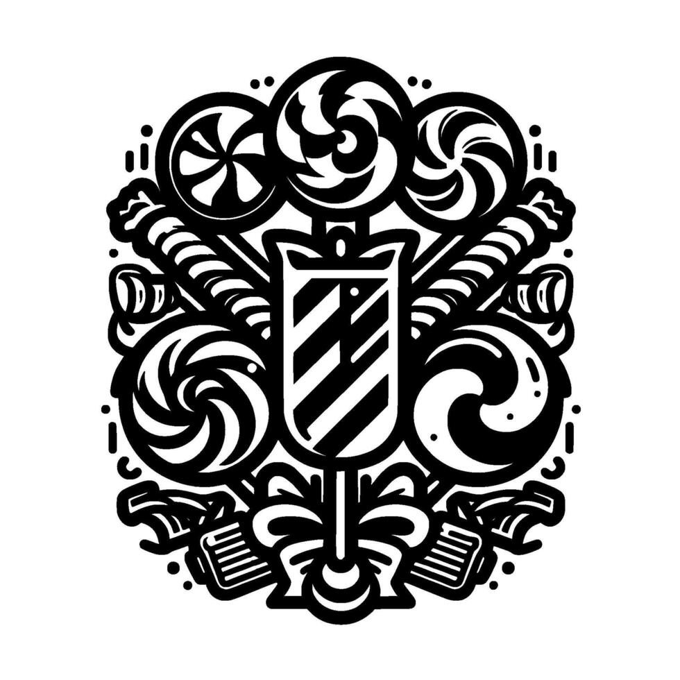 Bold Black White Candy Composition Swirls, Lollipops, Candlesticks, and Ribbons in a Symmetrical vector