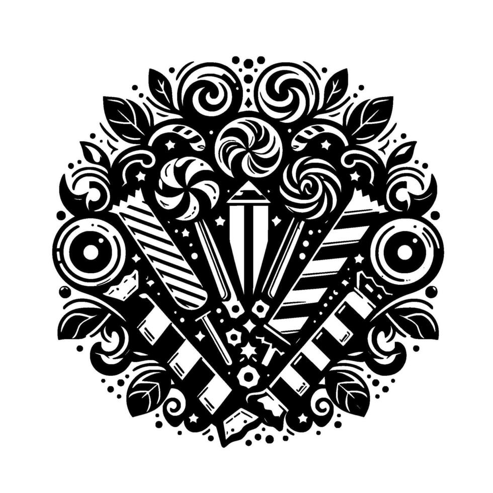 Intricate Black and White Circular Illustration Featuring Swirls, Lollipops, Candies, Foliage, and Geometric Shapes, Evoking a Playful and Decorative Aesthetic. vector