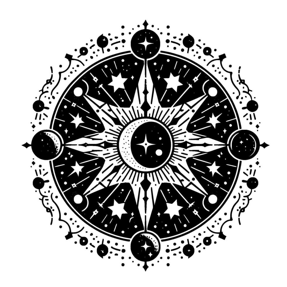 Intricate Black and White Celestial Mandala Sun, Moon, Stars, and Cosmic Embellishments within a Circular Design. vector