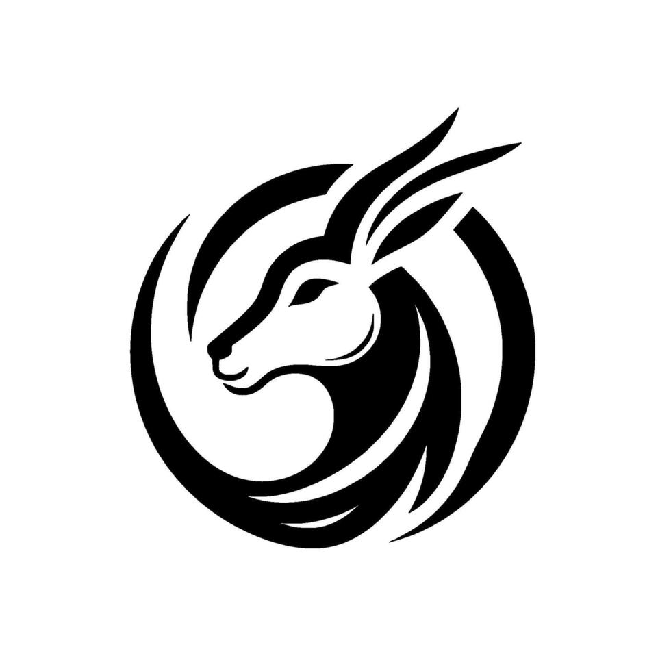 Stylized Black and White Gazelle or Antelope Head Inside a Swirling Circle, Logo, Animal Icon. vector
