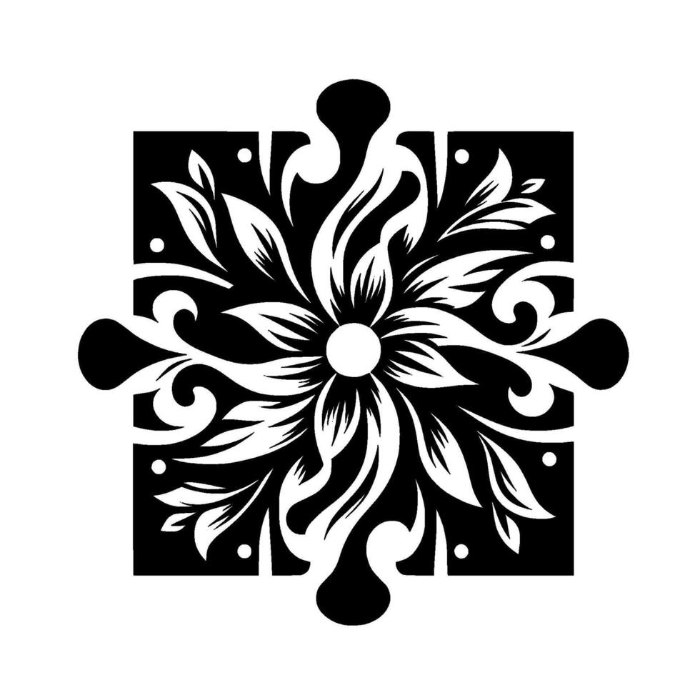 Intricate Black White Floral Pattern, Symmetric Square with Stylized Petals, Leaves, and Swirls, Geometric Minimalism. vector
