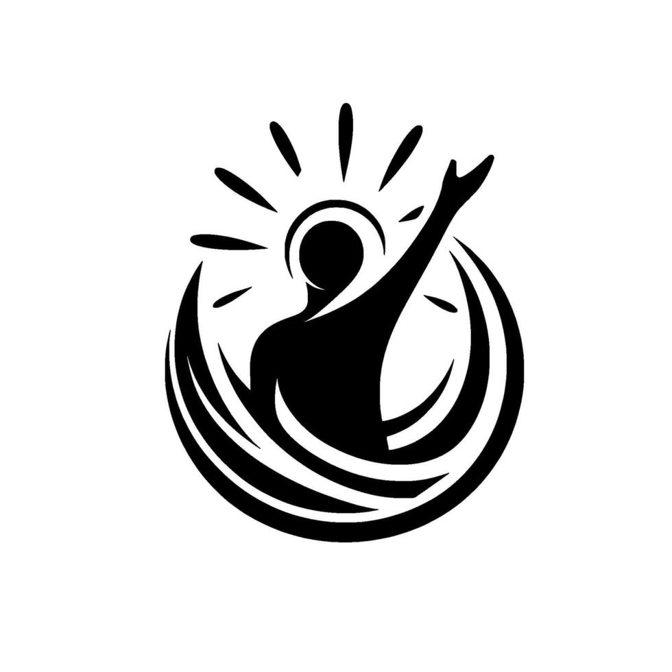 Black Silhouette of Reaching Figure, Surrounded by Rays and Crescent Elements, Emblem of Hope and Inspiration on White vector