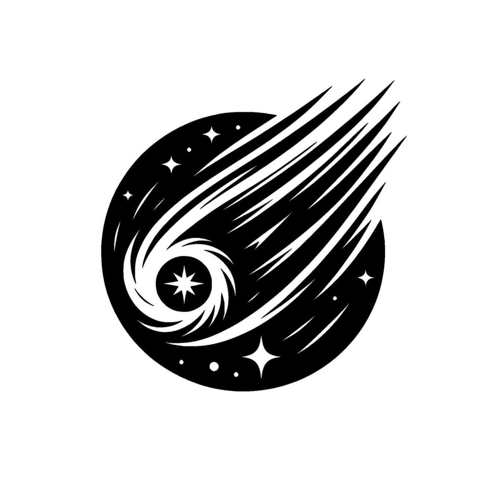 Black and White Comet Illustration with Starry Background, Geometric Design, and Starburst Core vector