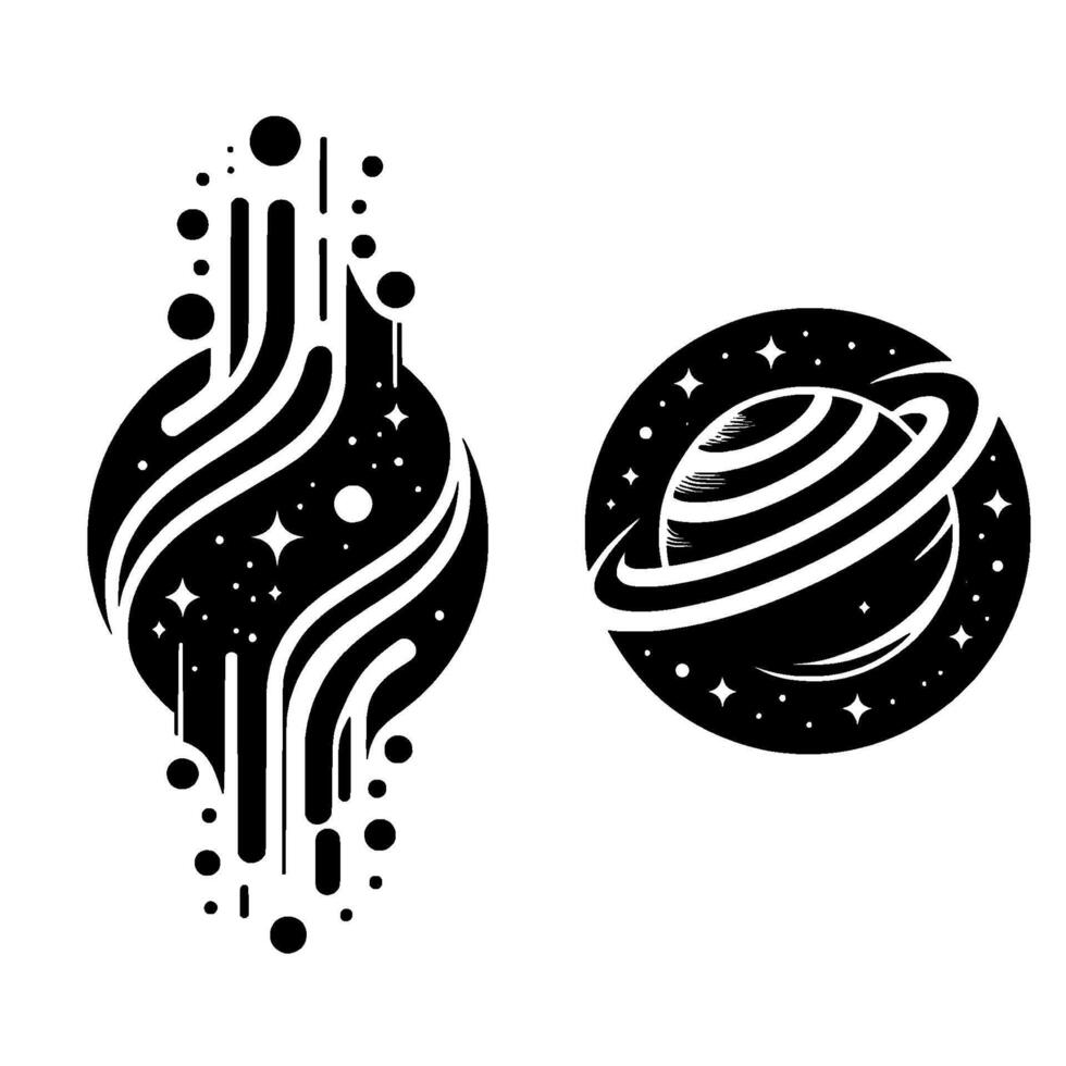 Abstract Space Art Two Black and White Planetary Designs with Stars, Lines, and Dots in a Minimalist Style. vector