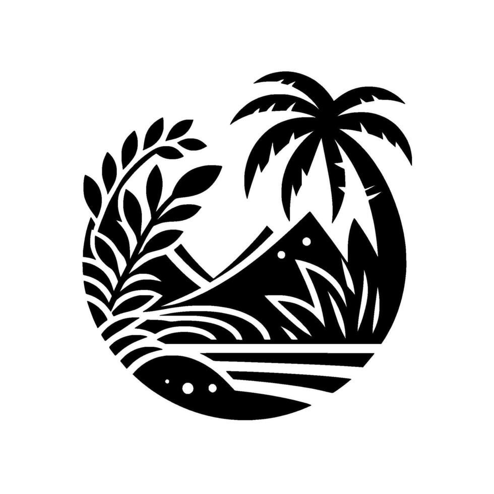 Stylized Black and White Circular Illustration of a Tropical Island Scene with Palm Tree, Mountains, Foliage, and Coastal Elements. vector