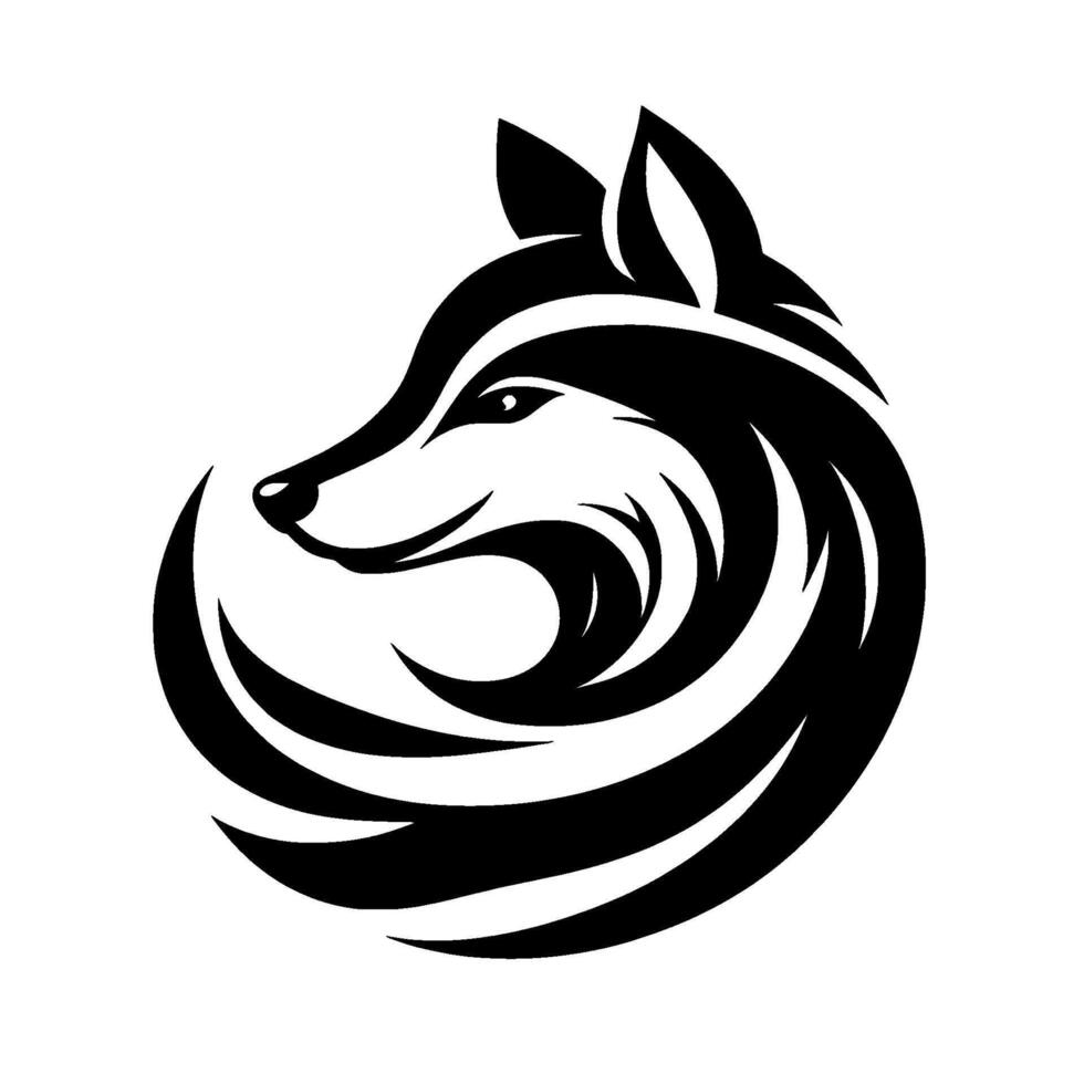 Sleek, Minimalist of a Smiling Wolf Head, Rendered in Bold Black and White Swirling Lines on a Clean Background. vector