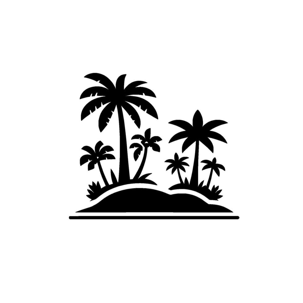 Silhouette of a tropical island with multiple palm trees, grassy hill and a minimalist, clean in black and white, evoking a sense of paradise and calm. vector