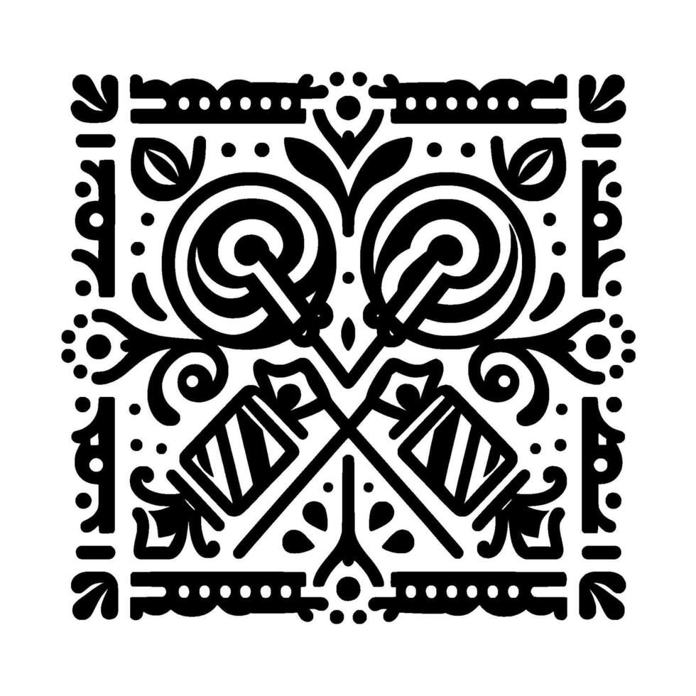 Intricate Black and White Floral Symmetry with Lollipops, Drums, and Ornamental Details in Square Composition vector