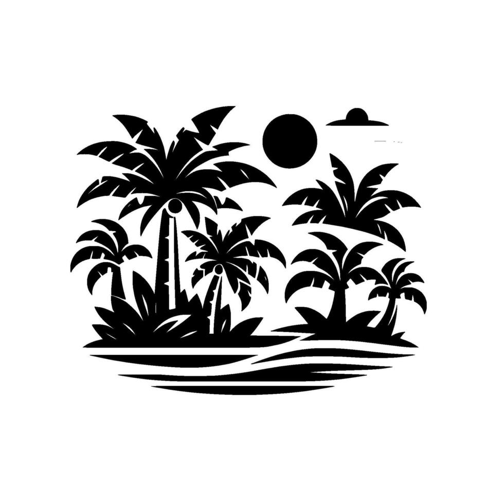 Stylized Black White Tropical Island Scene Depicting Palm Trees, Sun, Waves, and Simplified Landscape. vector