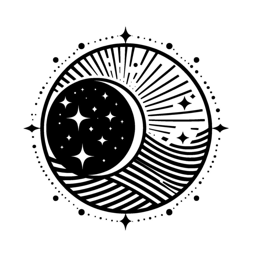 Black and white celestial illustration featuring a crescent moon, starry night, radiating sun rays, and dotted circular border with star accents. vector