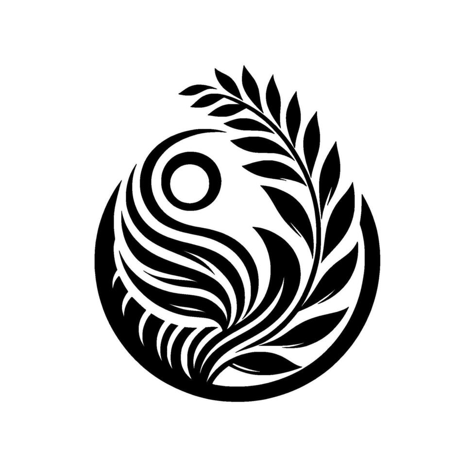 Yin Yang Symbol with a Laurel Branch, Composed in Black and White, Illustrative, Minimalist, and Elegant. vector