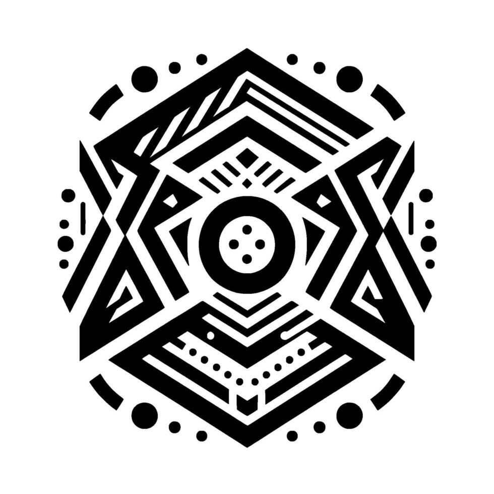 Symmetrical black and white geometric design, consisting of interconnected shapes, lines, dots, and circles, with a centralized focus. vector