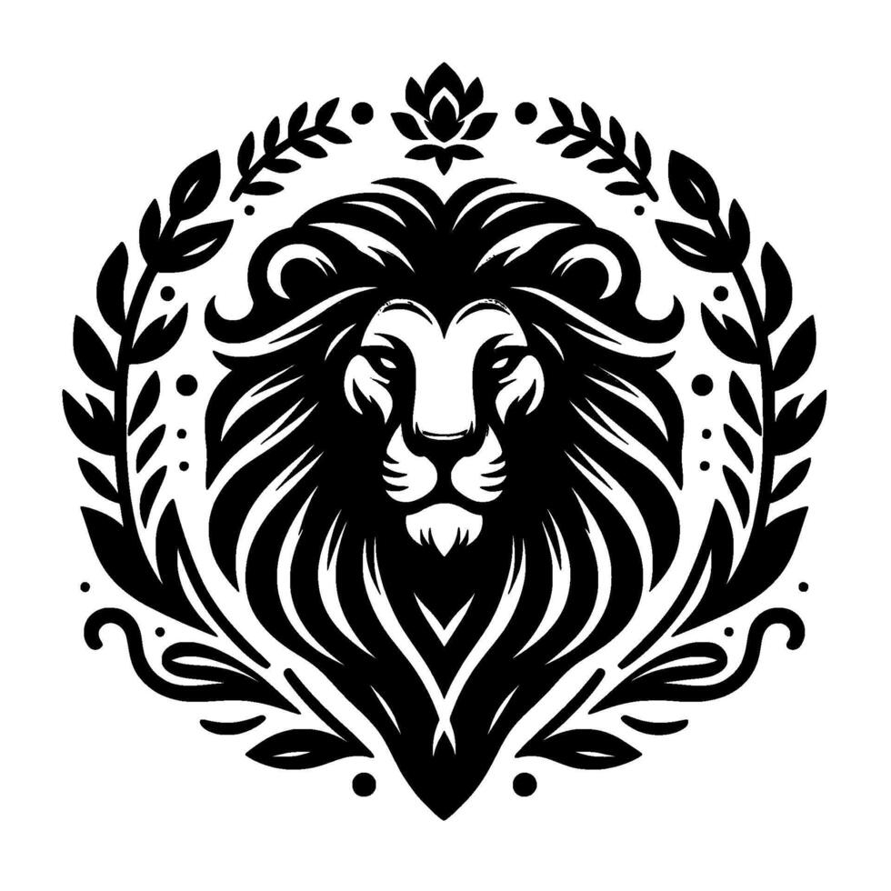 Majestic black and white illustration A regal lions head framed within a stylized laurel wreath, accented by decorative floral elements. vector