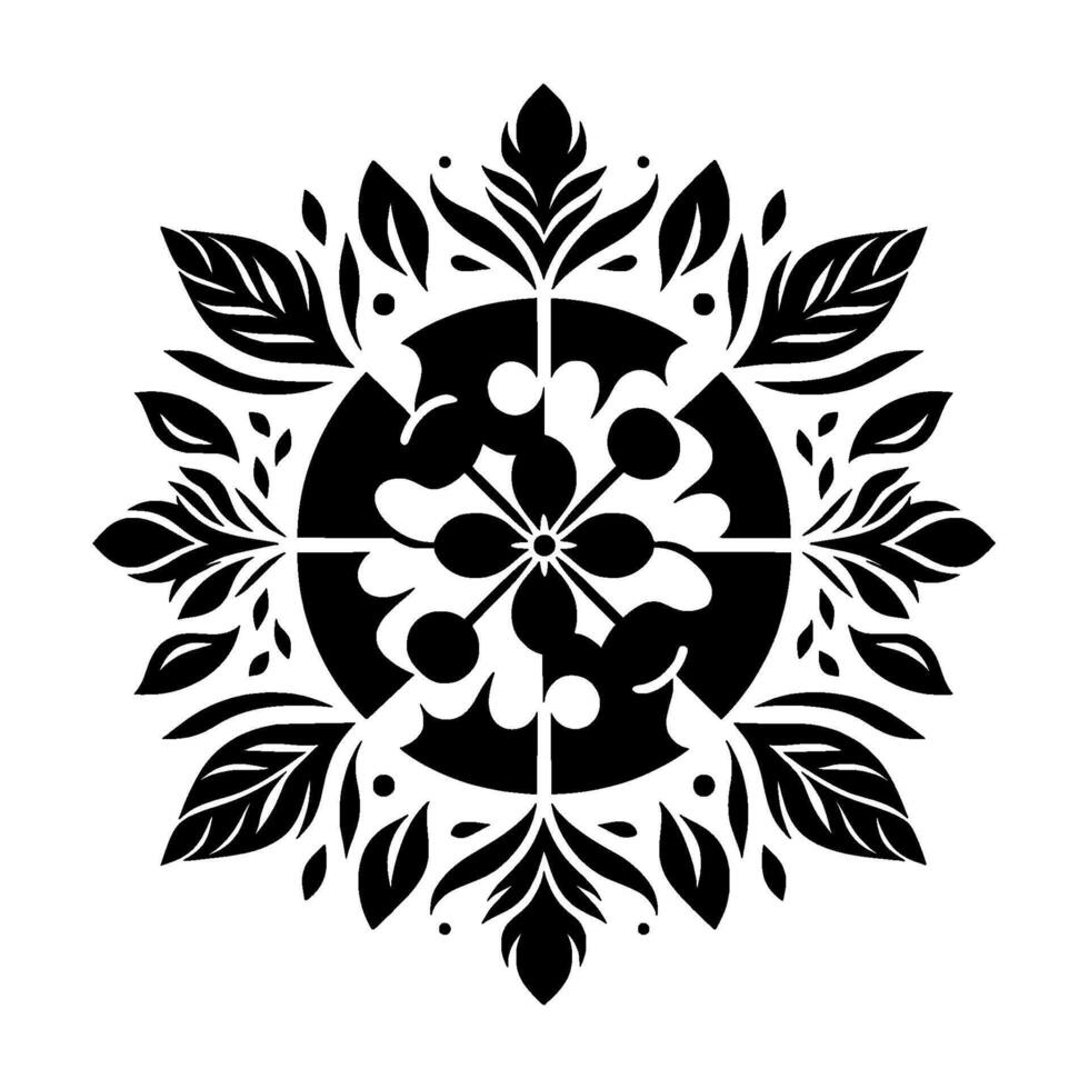 Symmetrical Black and White Floral Mandala with Leafy Accents on a Bright White Background, Modern and Abstract. vector