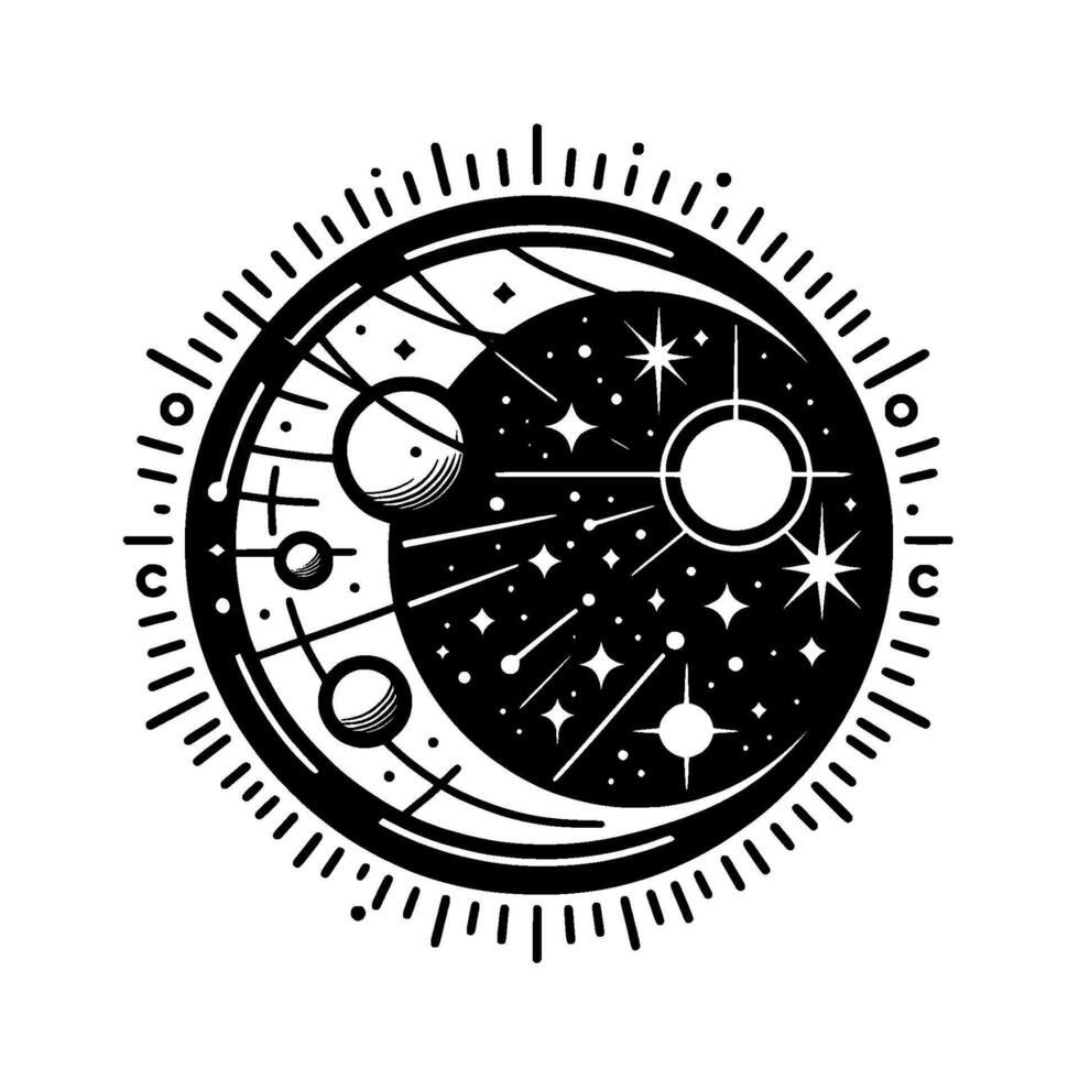 Black and white celestial with a crescent moon, sun, planets, stars, and radiating circular border. vector