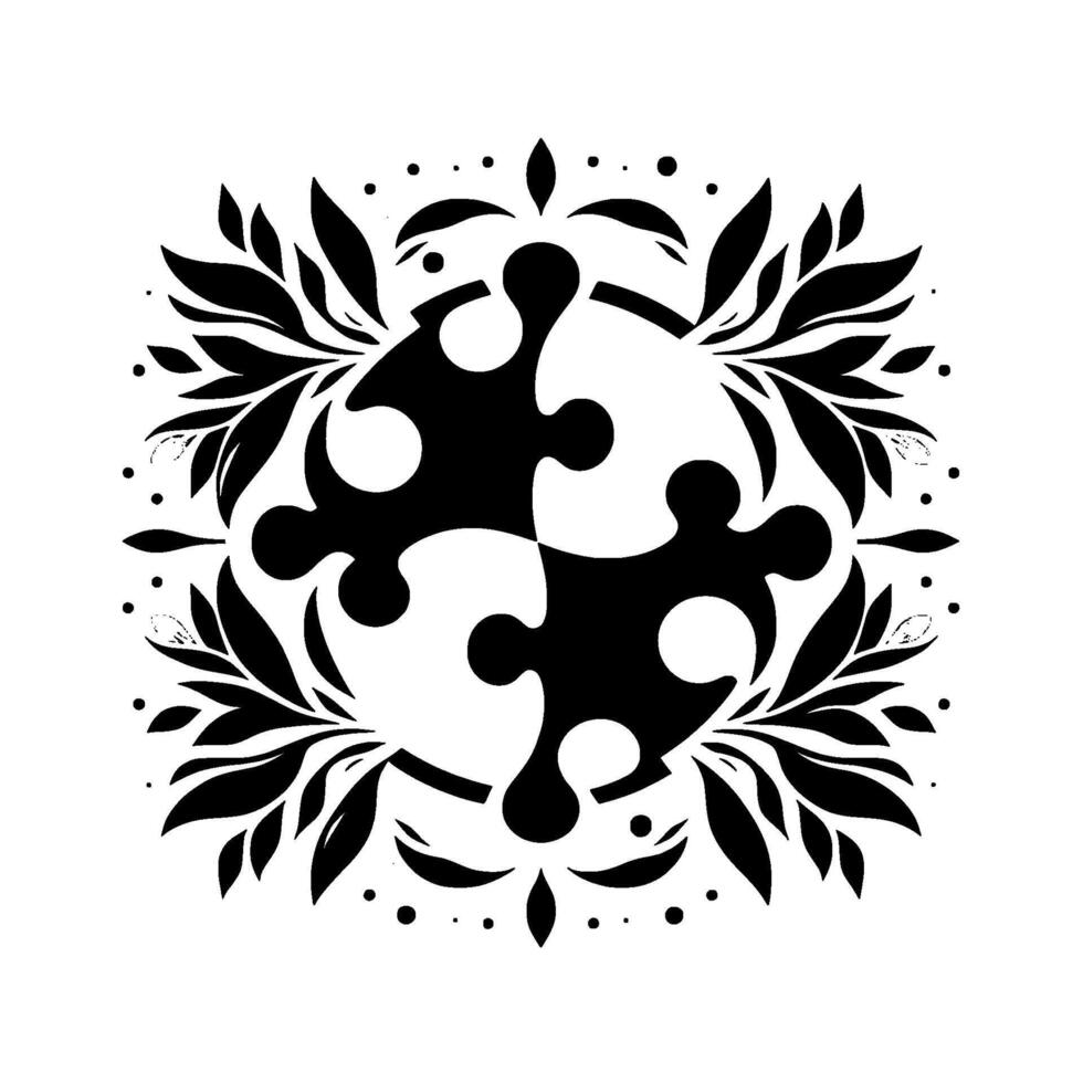 Stylized Black and White of Interlocking Puzzle Pieces Surrounded by a Floral Circle Motif on a White Background. vector