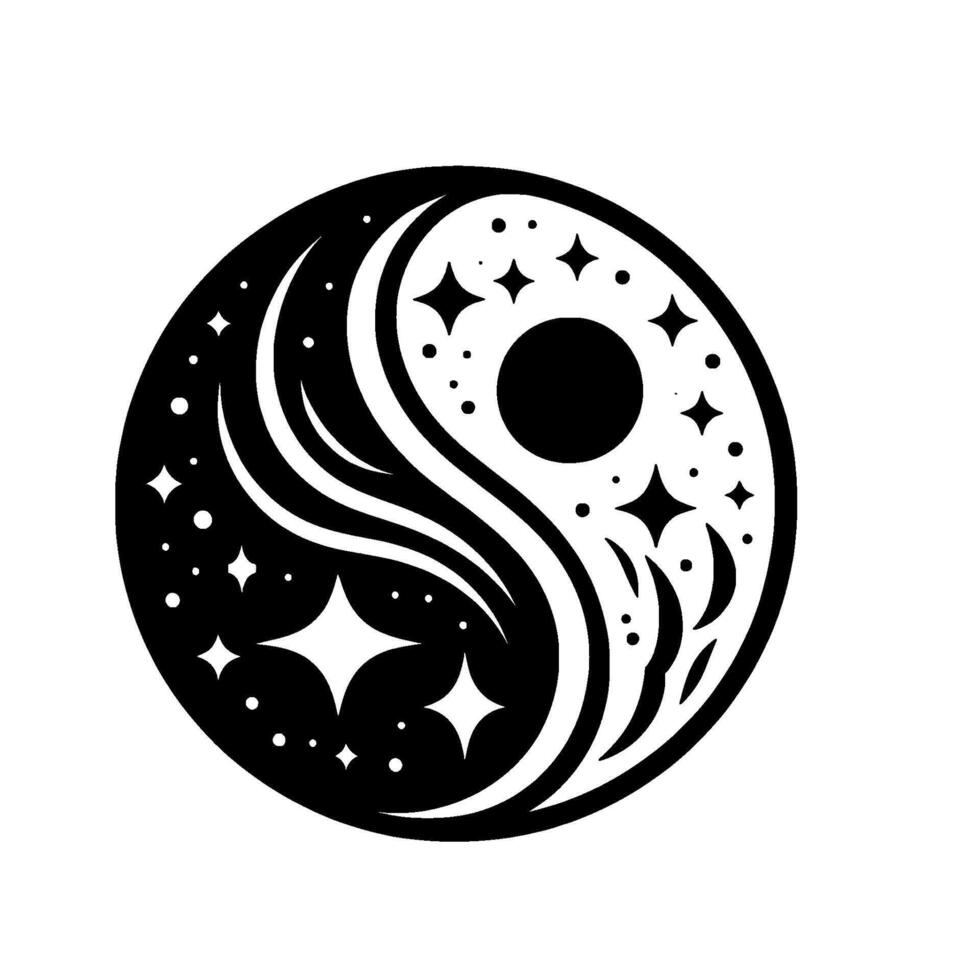 YinYang Cosmos Black White Celestial Symbol with Stars, Moon Phases, and Fluid on White Background. vector