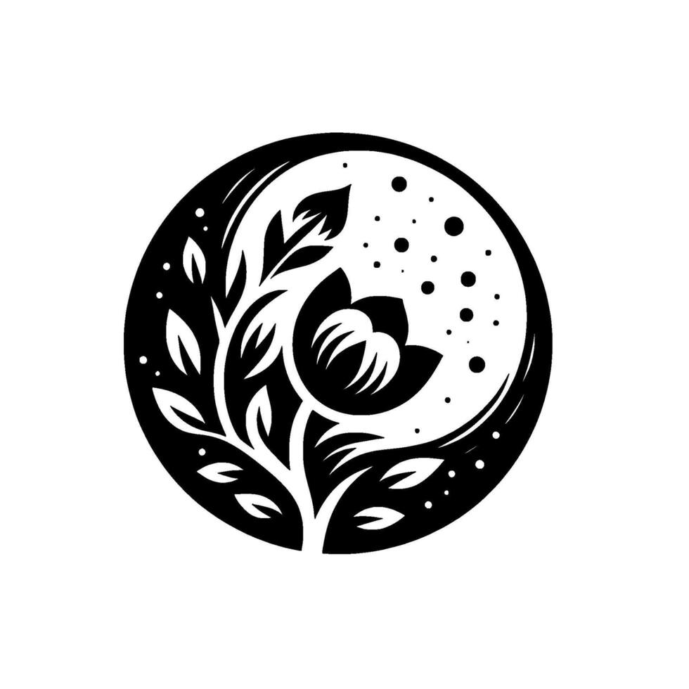 A stylized black and white floral emblem featuring a blooming flower and foliage within a circular frame with a dotlike background, minimalist design. vector