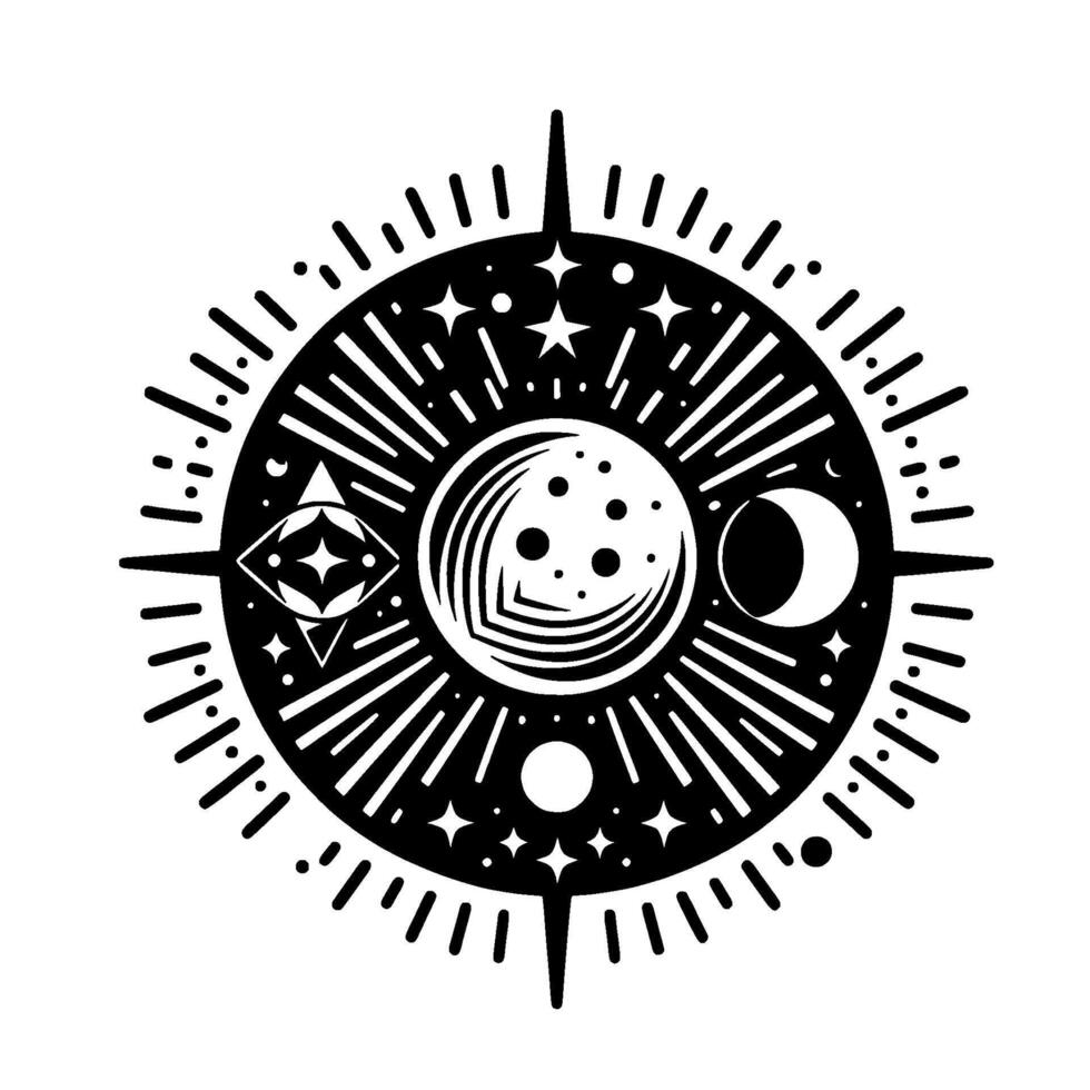 Intricate black and white celestial mandala featuring a stylized sun, phases of the moon, stars, and geometric shapes. vector