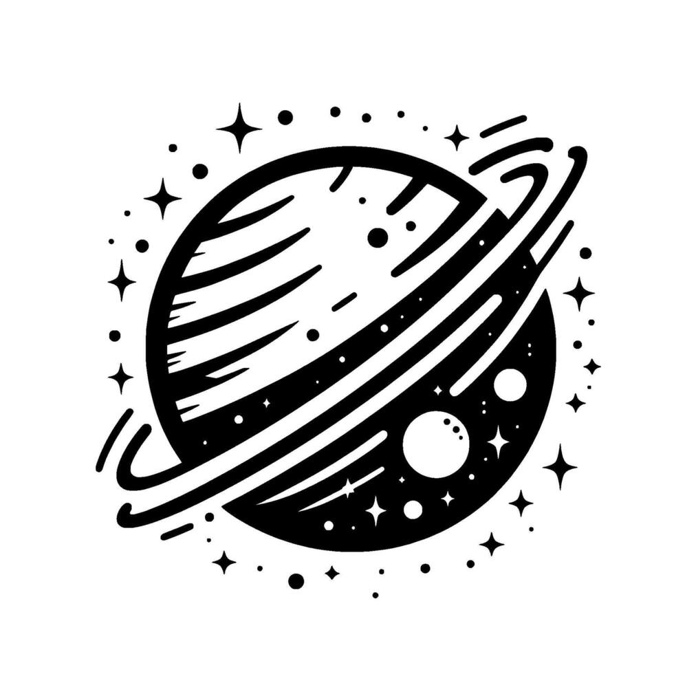 A stylized illustration of a planet with rings, and smaller orbiting planets and stars in a black and white, minimalist, style. vector