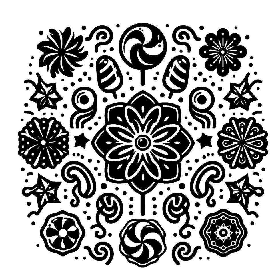 Geometric Black and White Pattern with Floral, Sweet, and Star Elements, Circular Arrangement vector