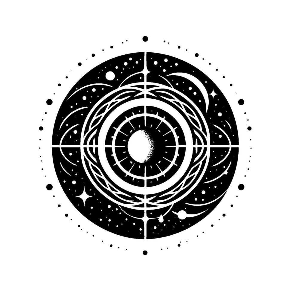 Intricate Black and White Celestial Design A Geometric Mandala Depicting Stars, Planets, and Cosmic Patterns, Isolated on White. vector