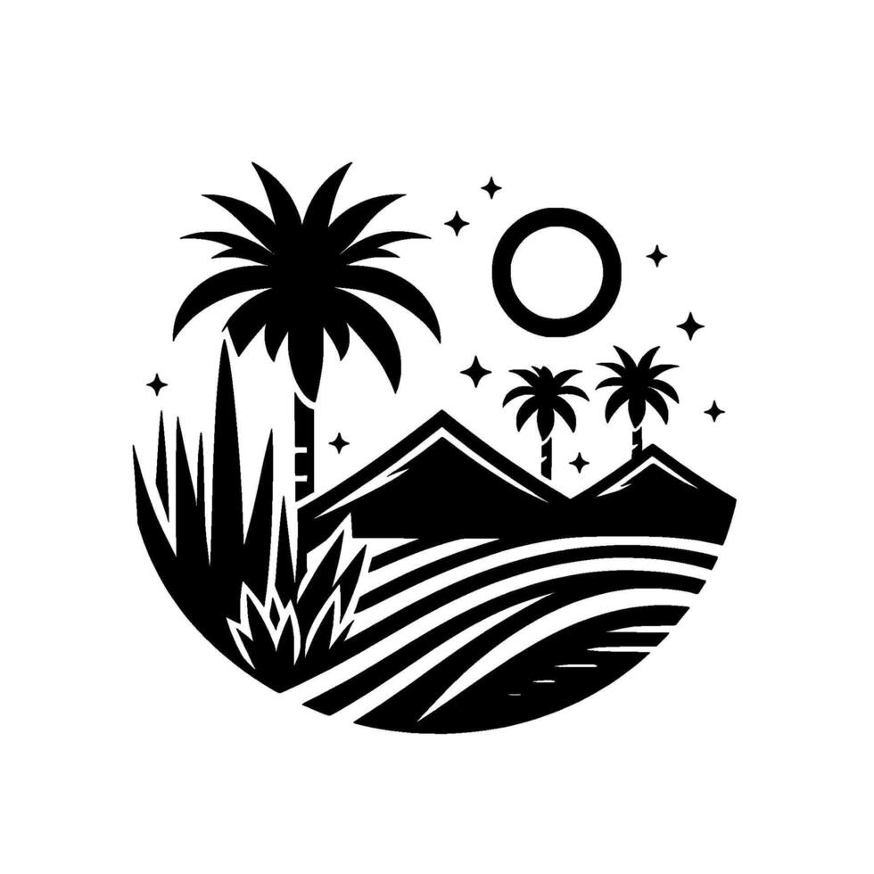 Black and White Desert Landscape Palm Trees, Rolling Hills, Moon, and Stars in a Circular Composition. vector
