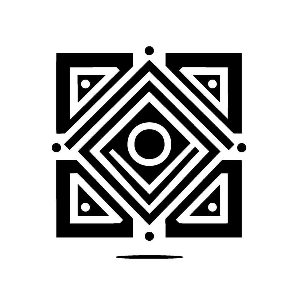 Geometric, monochromatic, symmetrical, stylized square composition featuring concentric diamonds, circles, triangles and dots. vector