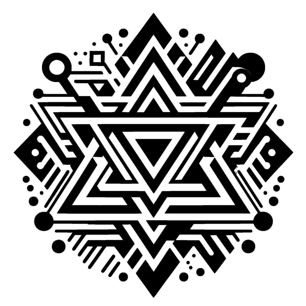 Geometric Black and White Art A Symmetric, Intricate with Triangles, Lines, and Circular Elements on a Clean White Background. vector