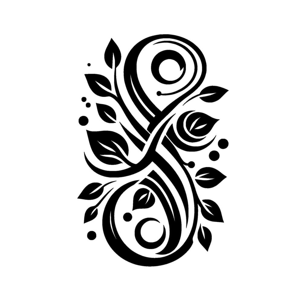 Elegant Black White Botanical Art Stylized Floral with Curlicues, Leaves, and Dots on a Minimalist Background. vector